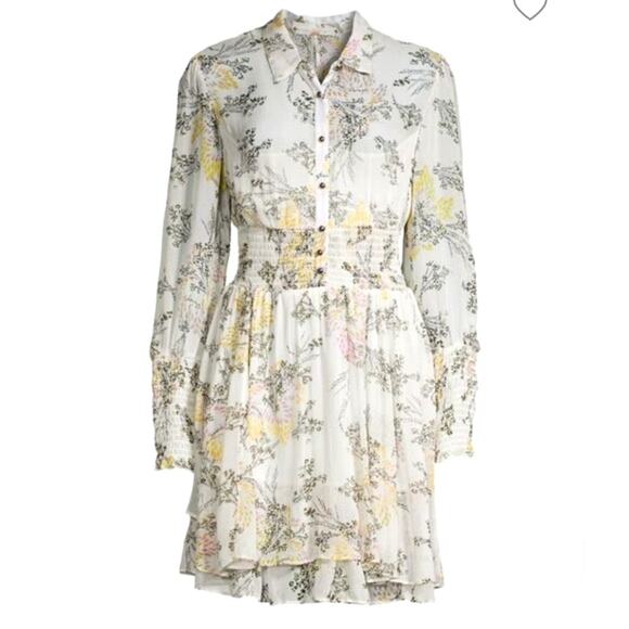 Free People Floral Peasant Dress Womens S Ivory Sheer Tiered Ruffles Boho Flowy - Picture 2 of 11